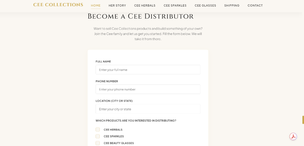 Cee Collections Distributor Application Form