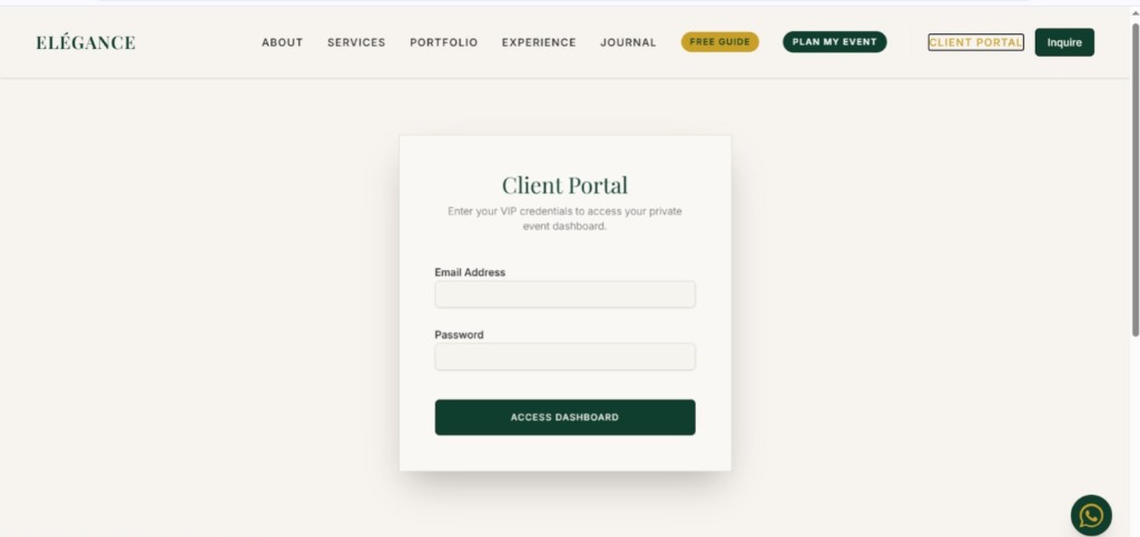 Elegance Events Private VIP Client Dashboard Login Portal